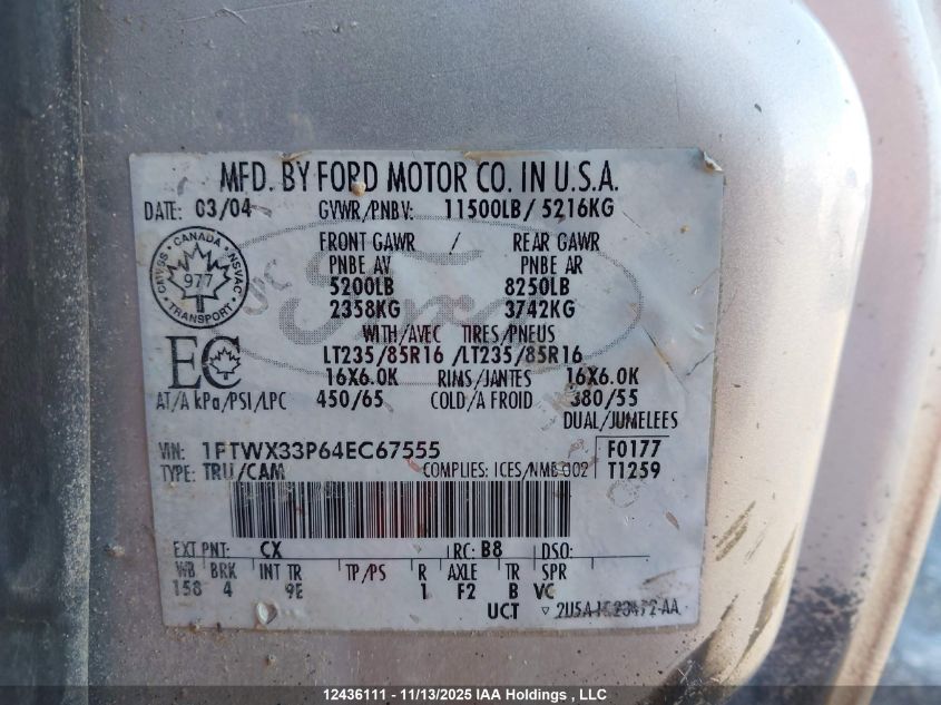 2004 Ford F-350 Lariat/Xl/Xlt VIN: 1FTWX33P64EC67555 Lot: 12436111