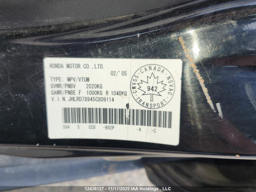 2005 Honda Cr-V Se/Ex VIN: JHLRD78945C809114 Lot: 12436127