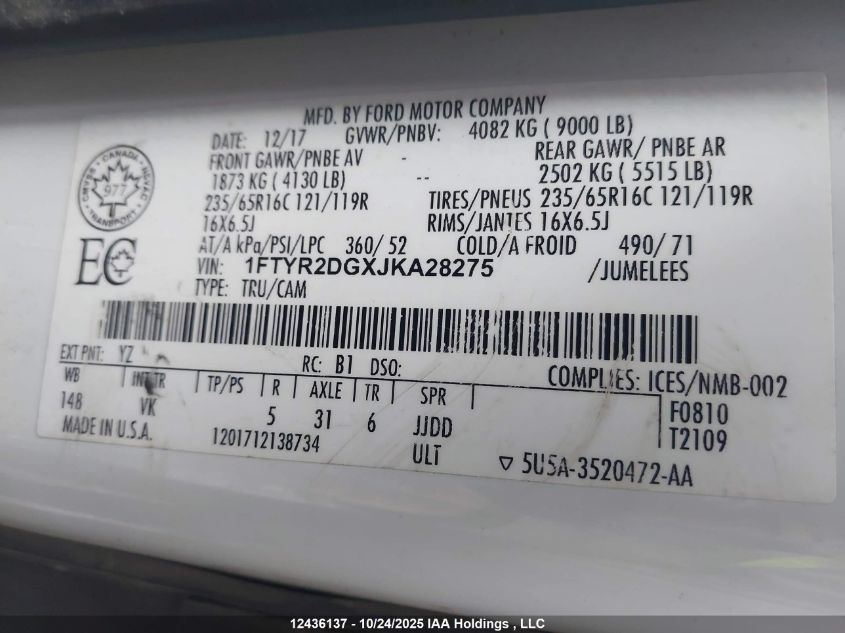 2018 Ford Transit T-250 VIN: 1FTYR2DGXJKA28275 Lot: 12436137