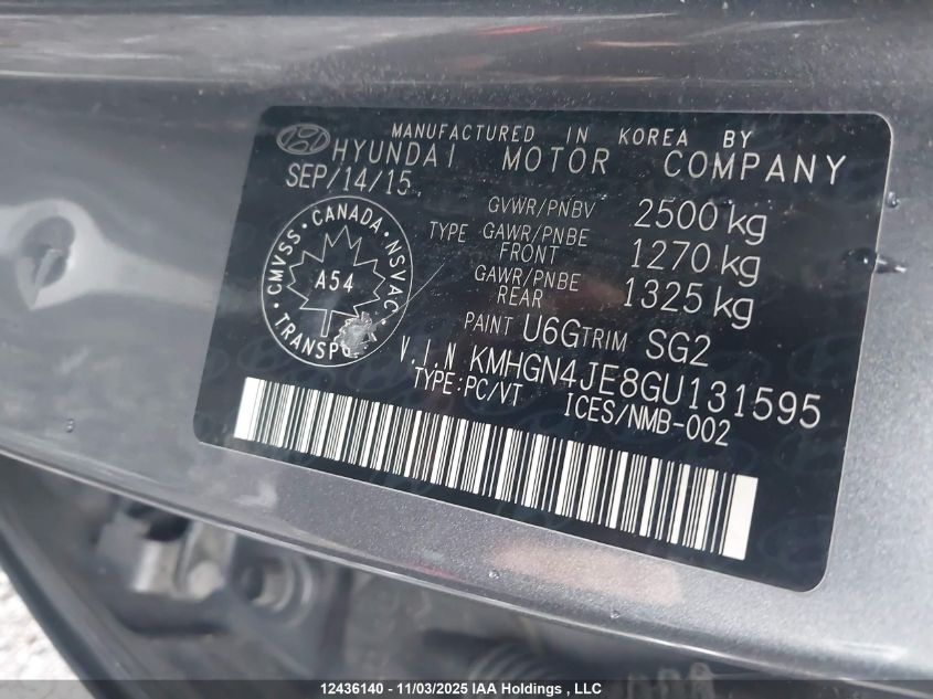 2016 Hyundai Genesis 3.8 Technology VIN: KMHGN4JE8GU131595 Lot: 12436140