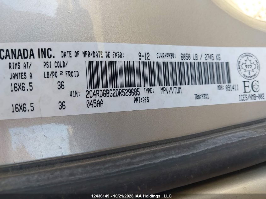 2013 Dodge Grand Caravan Se/Sxt VIN: 2C4RDGBG2DR529685 Lot: 12436149