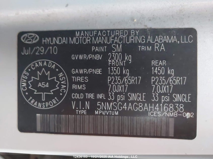 5NMSG4AG8AH416838 2010 HYUNDAI SANTA FE photo no. 9