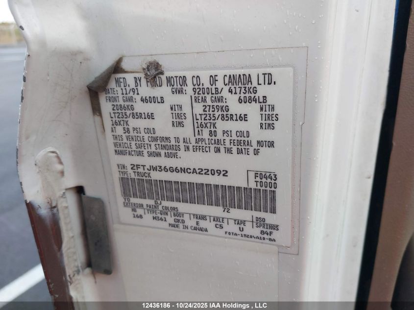 1992 Ford F350 VIN: 2FTJW36G6NCA22092 Lot: 12436186