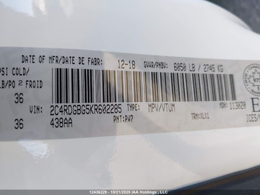 2019 Dodge Grand Caravan Cvp/Sxt VIN: 2C4RDGBG5KR602285 Lot: 12436229