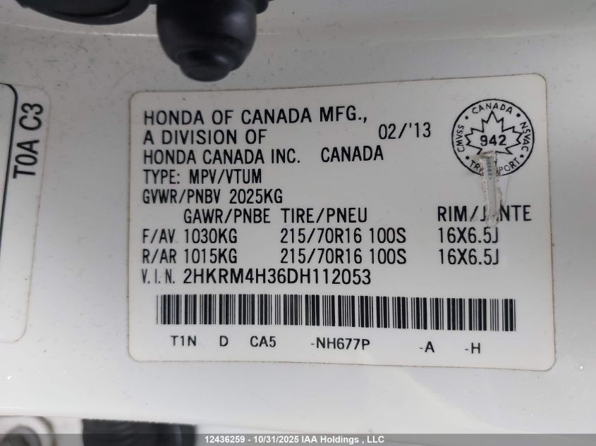 2013 Honda Cr-V Lx VIN: 2HKRM4H36DH112053 Lot: 12436259