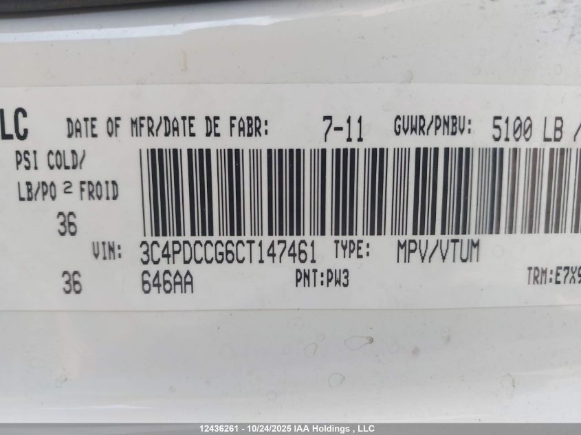 2012 Dodge Journey Sxt Crew VIN: 3C4PDCCG6CT147461 Lot: 12436261