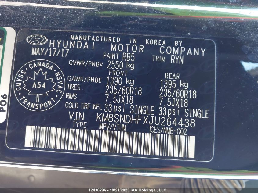 2018 Hyundai Santa Fe Se/Limited VIN: KM8SNDHFXJU264438 Lot: 12436296