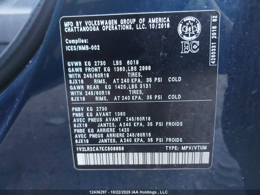 2019 Volkswagen Atlas Se VIN: 1V2LR2CA7KC508856 Lot: 12436297