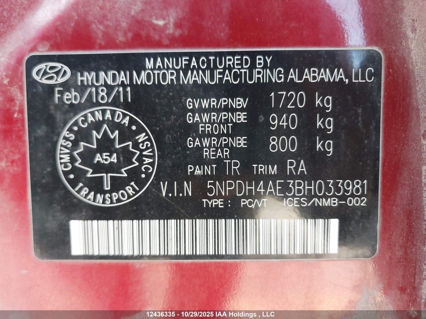 5NPDH4AE3BH033981 2011 HYUNDAI ELANTRA photo no. 9