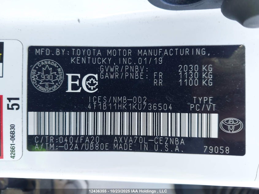 4T1B11HK1KU736504 2019 TOYOTA CAMRY photo no. 9