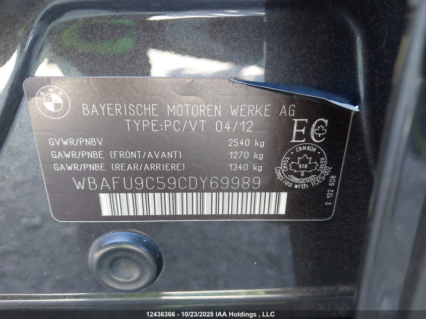 2012 BMW 550 Xi VIN: WBAFU9C59CDY69989 Lot: 12436366