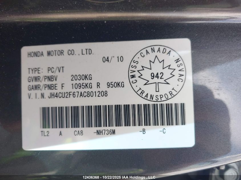 2010 Acura Tsx Premium/Technology Package VIN: JH4CU2F67AC801208 Lot: 12436368