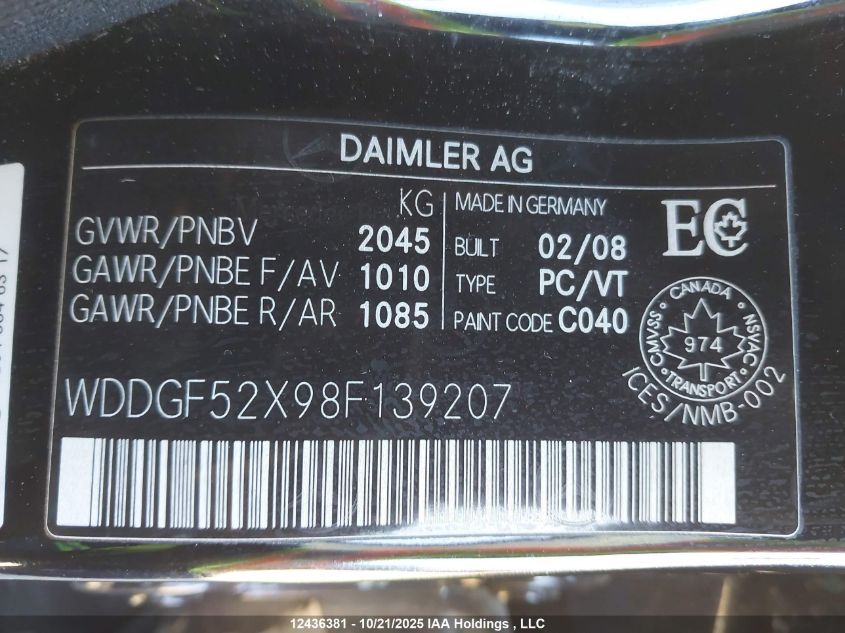 2008 Mercedes-Benz C 230 VIN: WDDGF52X98F139207 Lot: 12436381