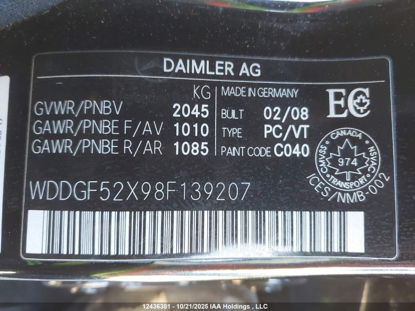 2008 Mercedes-Benz C 230 VIN: WDDGF52X98F139207 Lot: 12436381