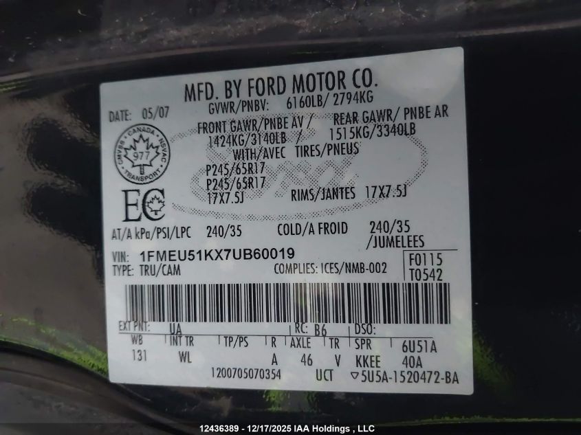 2007 Ford Explorer Sport Trac Xlt VIN: 1FMEU51KX7UB60019 Lot: 12436389