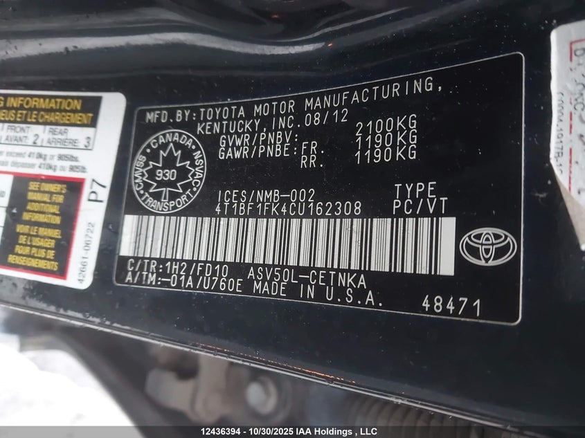 4T1BF1FK4CU162308 2012 TOYOTA CAMRY photo no. 18