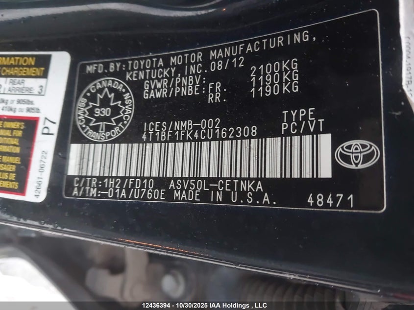 4T1BF1FK4CU162308 2012 TOYOTA CAMRY photo no. 9