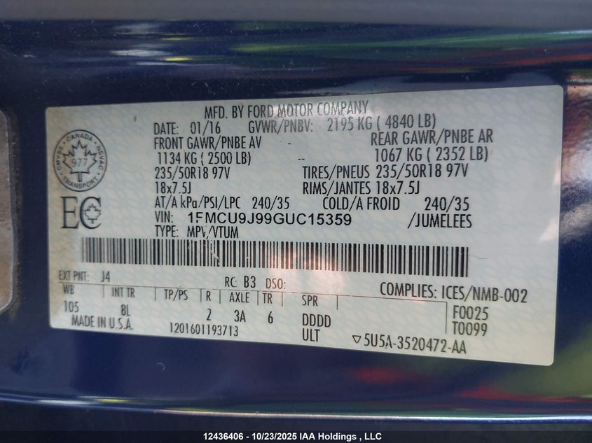 1FMCU9J99GUC15359 2016 FORD ESCAPE photo no. 9