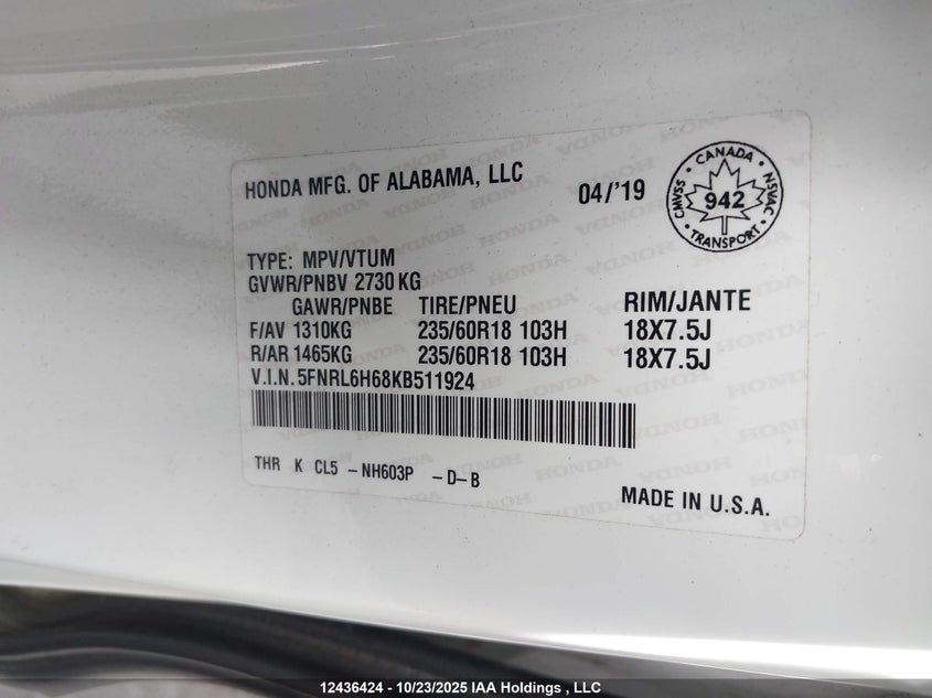 5FNRL6H68KB511924 2019 HONDA ODYSSEY photo no. 9