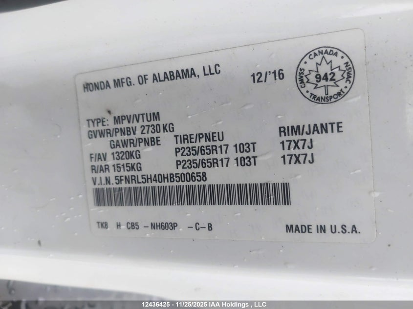 2017 Honda Odyssey VIN: 5FNRL5H40HB500658 Lot: 12436425