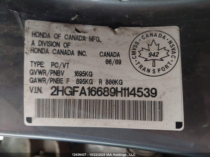 2HGFA16689H114539 2009 HONDA CIVIC photo no. 9