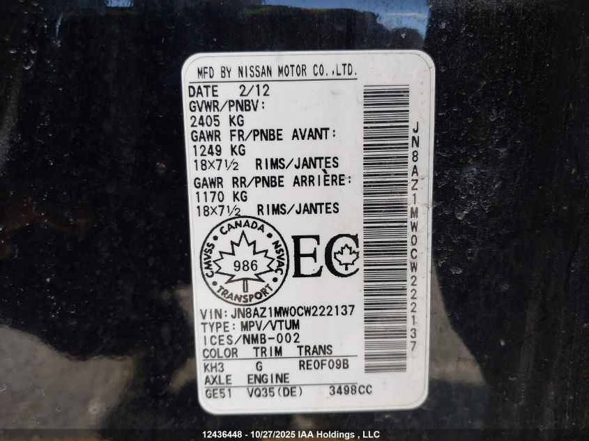 2012 Nissan Murano S/Sl/Le VIN: JN8AZ1MW0CW222137 Lot: 12436448