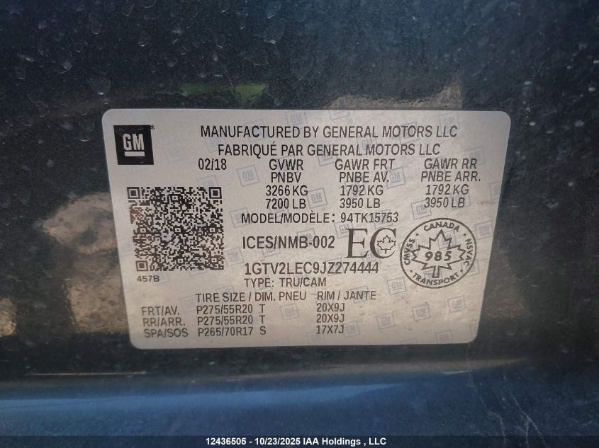 2018 GMC Sierra K1500 VIN: 1GTV2LEC9JZ274444 Lot: 12436505