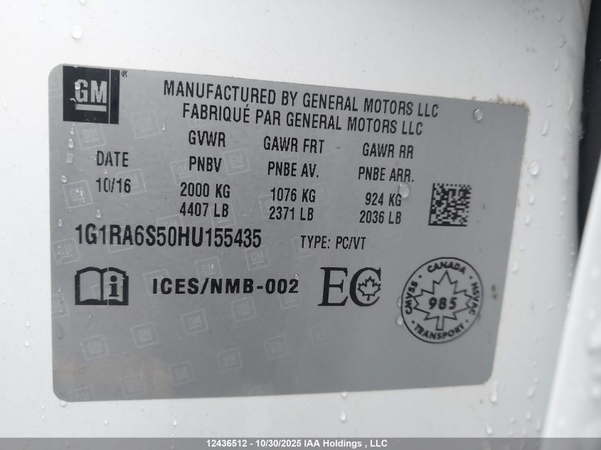 2017 Chevrolet Volt Lt VIN: 1G1RA6S50HU155435 Lot: 12436512