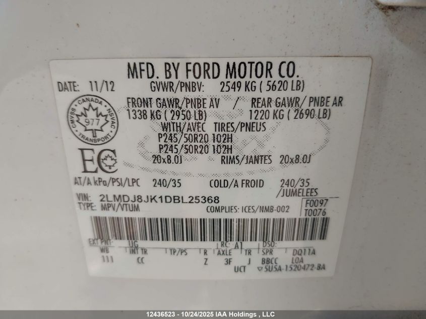 2013 Lincoln Mkx VIN: 2LMDJ8JK1DBL25368 Lot: 12436523