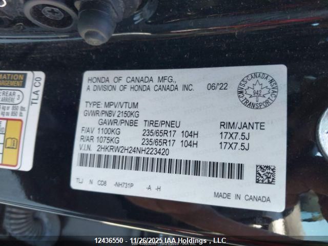 2022 Honda Cr-V Lx VIN: 2HKRW2H24NH223420 Lot: 12436550