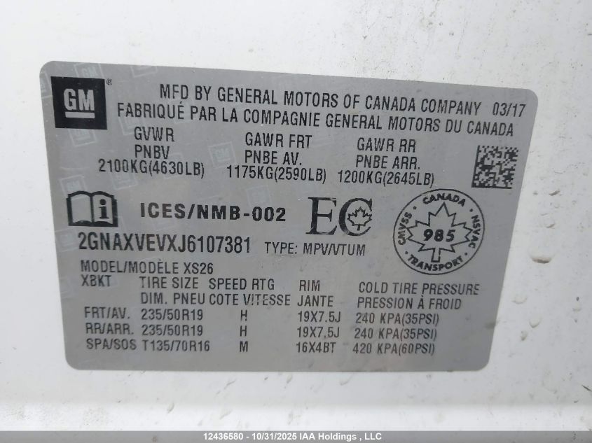 2018 Chevrolet Equinox Premier VIN: 2GNAXVEVXJ6107381 Lot: 12436580