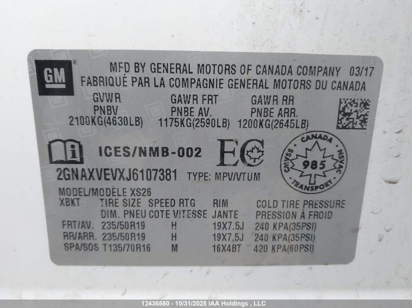 2018 Chevrolet Equinox Premier VIN: 2GNAXVEVXJ6107381 Lot: 12436580