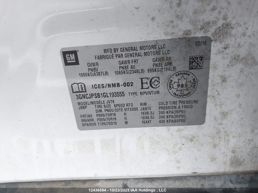 3GNCJPSB1GL193555 2016 CHEVROLET TRAX photo no. 9