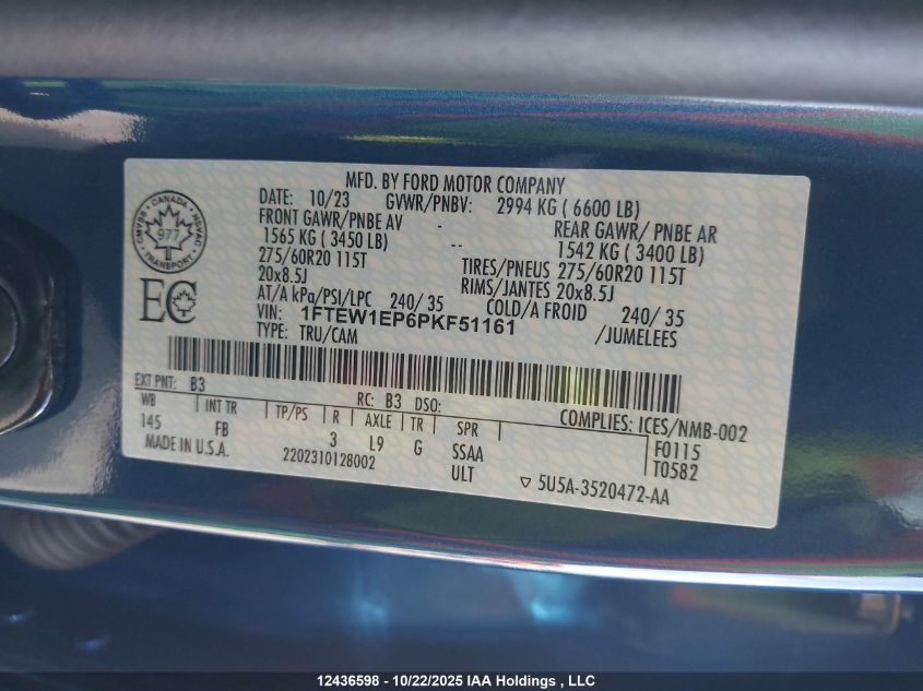 2023 Ford F-150 Xlt VIN: 1FTEW1EP6PKF51161 Lot: 12436598