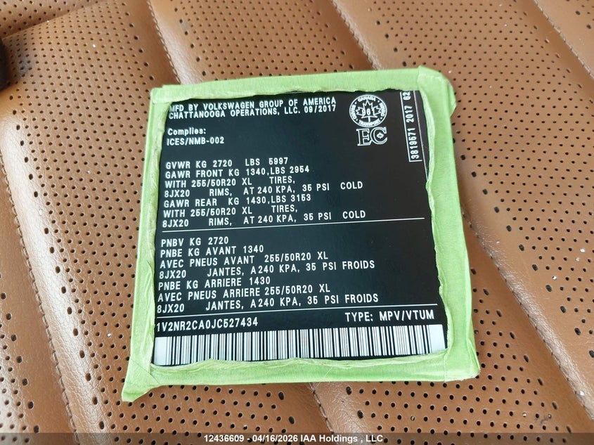 2018 Volkswagen Atlas 3.6 Fsi Execline VIN: 1V2NR2CA0JC527434 Lot: 12436609