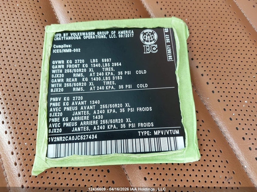 2018 Volkswagen Atlas 3.6 Fsi Execline VIN: 1V2NR2CA0JC527434 Lot: 12436609