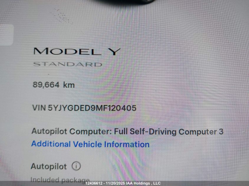 2021 Tesla Model Y VIN: 5YJYGDED9MF120405 Lot: 12436612