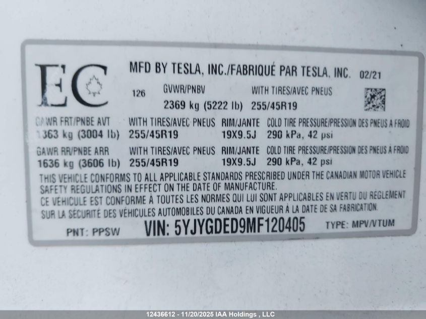 2021 Tesla Model Y VIN: 5YJYGDED9MF120405 Lot: 12436612
