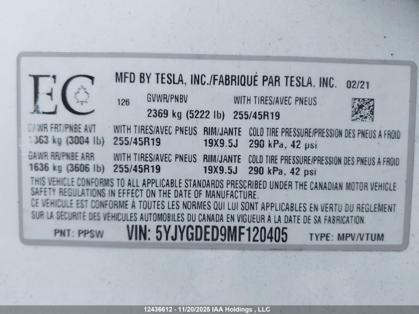 2021 Tesla Model Y VIN: 5YJYGDED9MF120405 Lot: 12436612