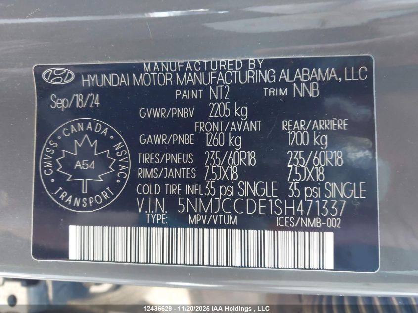 2025 Hyundai Tucson VIN: 5NMJCCDE1SH471337 Lot: 12436629