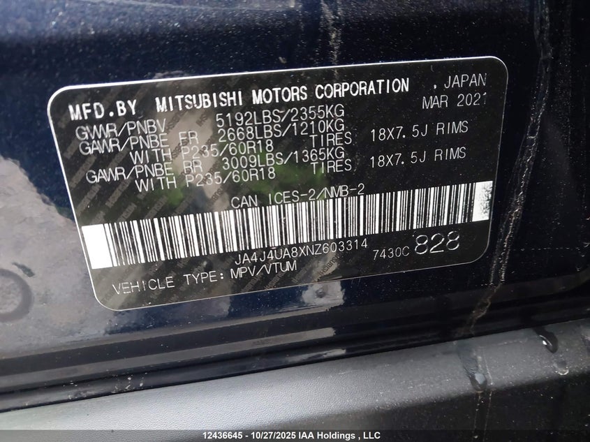JA4J4UA8XNZ603314 2022 MITSUBISHI OUTLANDER photo no. 9