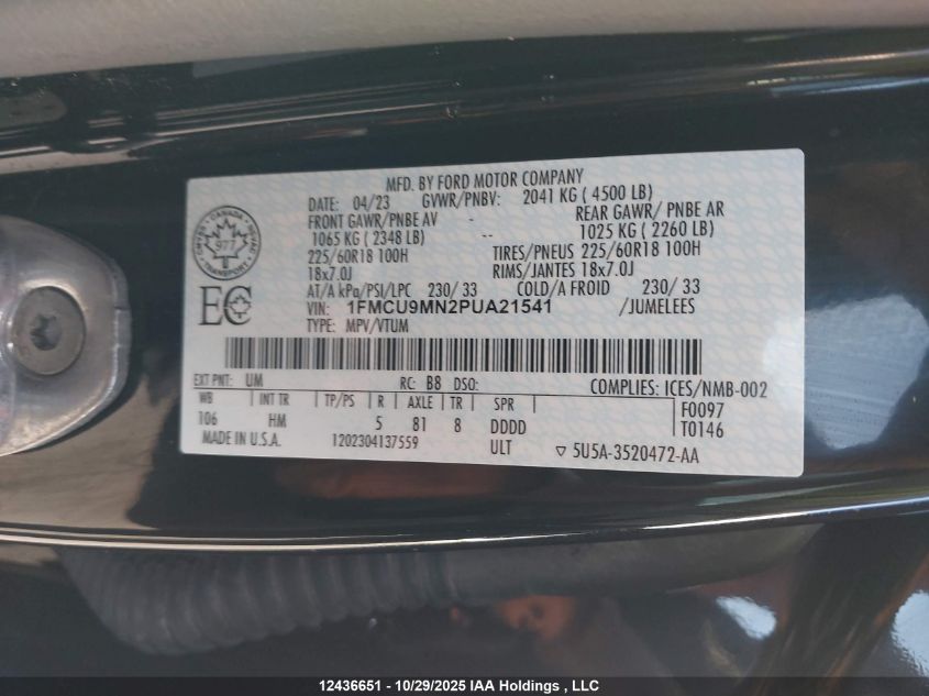 2023 Ford Escape St-Line VIN: 1FMCU9MN2PUA21541 Lot: 12436651