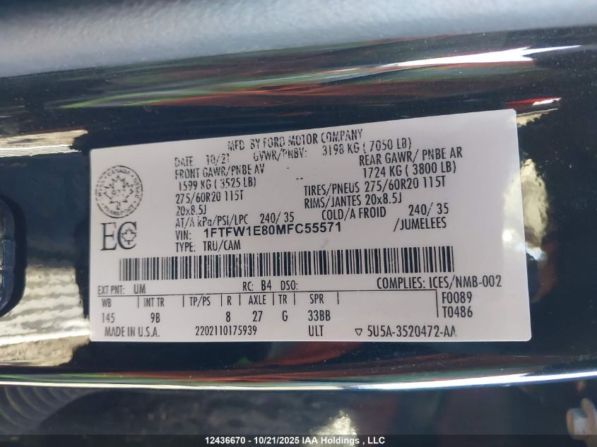 2021 Ford F-150 Platinum VIN: 1FTFW1E80MFC55571 Lot: 12436670