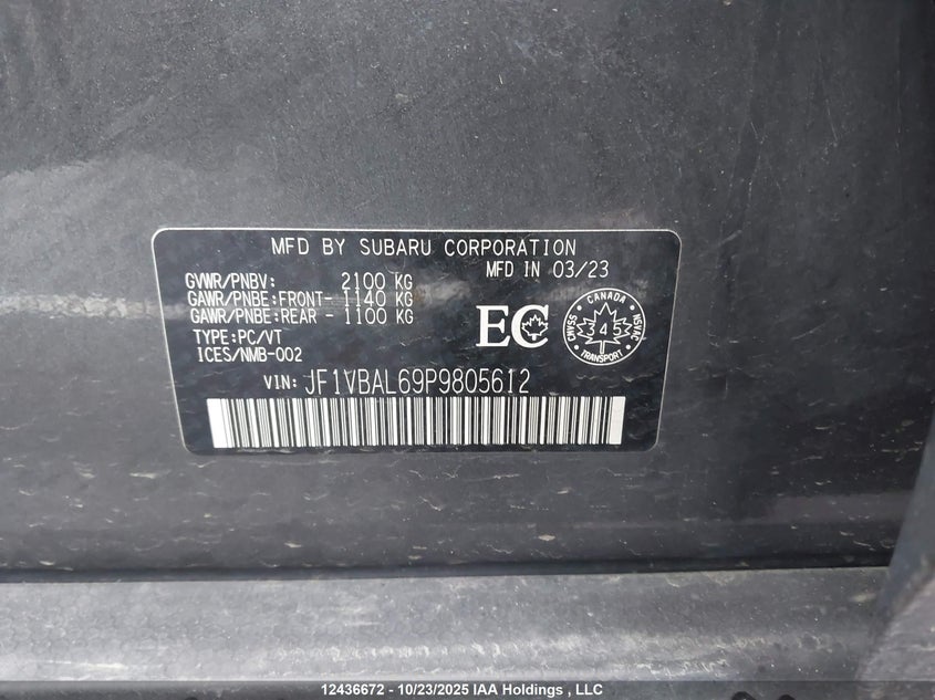 2023 Subaru Wrx Sport-Tech VIN: JF1VBAL69P9805612 Lot: 12436672