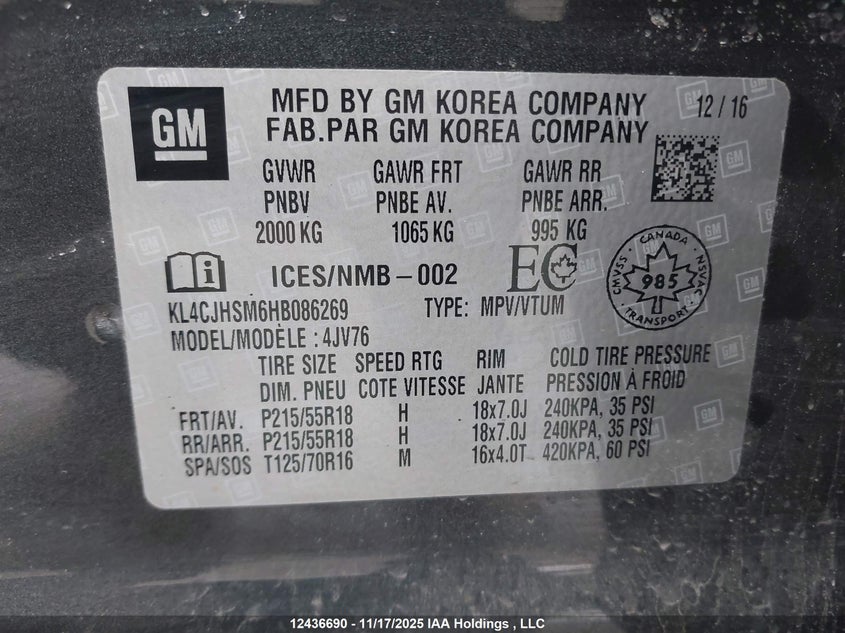 2017 Buick Encore Premium VIN: KL4CJHSM6HB086269 Lot: 12436690