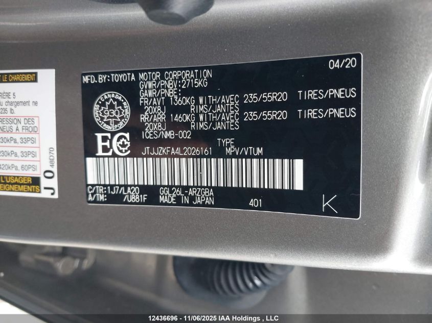 2020 Lexus Rx 350 L Luxury VIN: JTJJZKFA4L2026161 Lot: 12436696