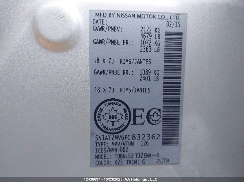 2015 Nissan Rogue S/Sl/Sv VIN: 5N1AT2MV6FC832362 Lot: 12436697