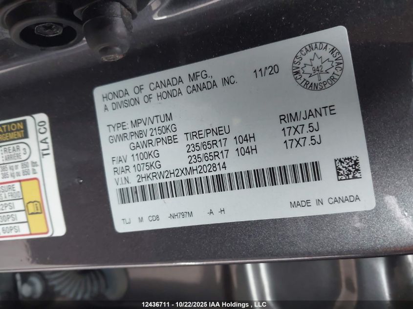 2021 Honda Cr-V Lx VIN: 2HKRW2H2XMH202814 Lot: 12436711