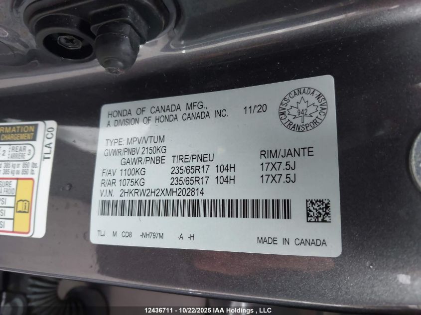 2021 Honda Cr-V Lx VIN: 2HKRW2H2XMH202814 Lot: 12436711