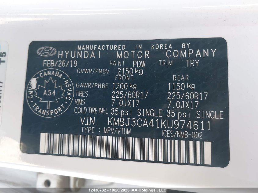 2019 Hyundai Tucson Limited/Sel/Sport/Ultimate/Value/Night VIN: KM8J3CA41KU974611 Lot: 12436732